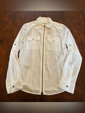 Michael Kors White Zip-Front Button Pocket Blouse